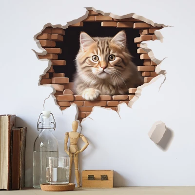 Cartoon Broken Wall Cute Kitten Wall Stickers Living Room Bedroom Background Decorative Wall Stickers Self-Adhesive 2