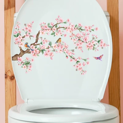 Pink Floral Branches and Birds Bathroom Toilet Seat Cover Decorative Self-adhesive Toilet Sticker