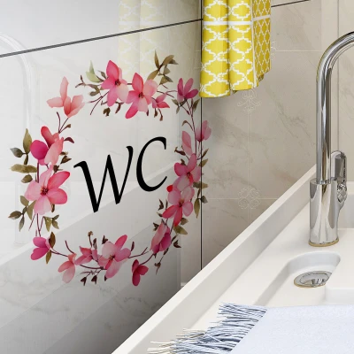 New Pink Floral Ring Wc Door Sticker Bathroom Toilet Background Decorative Sticker Self-adhesive and Removable 2