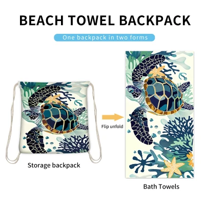 Water-absorbent and Quick-drying Beach Towel, Customized Bath Towel and Beach Bag, Integrated Printed Drawstring, Portable Beach Backpack (coral Turtle) 1