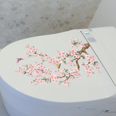 Pink Floral Branches and Birds Bathroom Toilet Seat Cover Decorative Self-adhesive Toilet Sticker 2