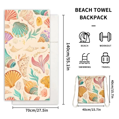 Thickened Sports Portable Folding Telescopic Drawstring Beach Towel Printed Towel Beach Towel Strap Integrated Backpack ( Beach Shell ) 2