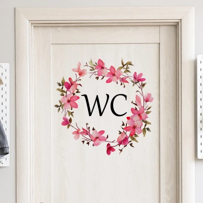 New Pink Floral Ring Wc Door Sticker Bathroom Toilet Background Decorative Sticker Self-adhesive and Removable