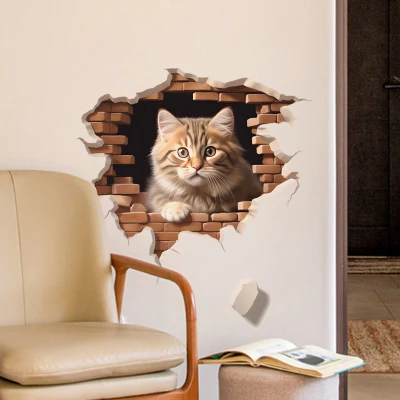 Cartoon Broken Wall Cute Kitten Wall Stickers Living Room Bedroom Background Decorative Wall Stickers Self-Adhesive 3