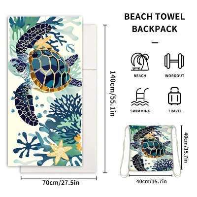 Water-absorbent and Quick-drying Beach Towel, Customized Bath Towel and Beach Bag, Integrated Printed Drawstring, Portable Beach Backpack (coral Turtle) 2