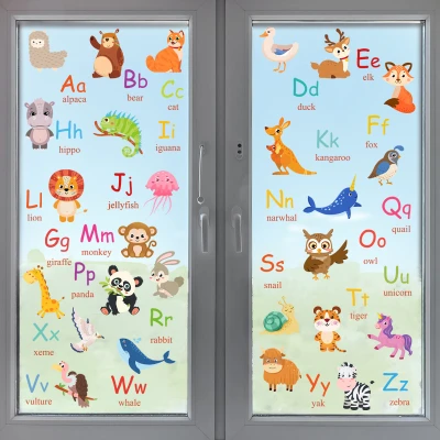 Large Preschool Animal Names English Letters Preschool Glass Stickers Children's Room Kindergarten Decorative Wall Stickers 1