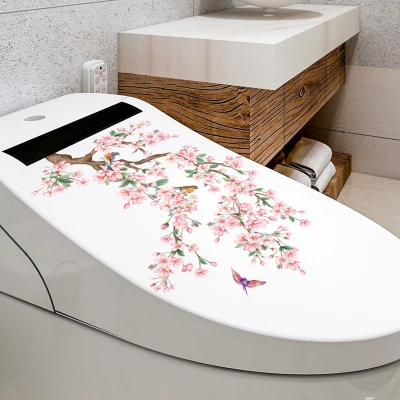 Pink Floral Branches and Birds Bathroom Toilet Seat Cover Decorative Self-adhesive Toilet Sticker 3