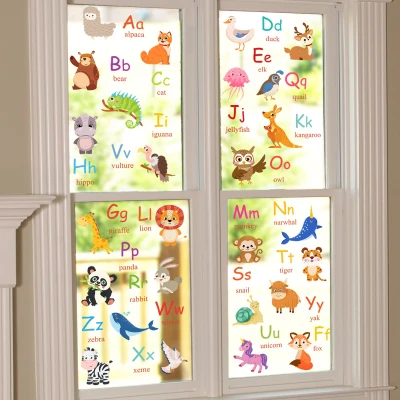 Large Preschool Animal Names English Letters Preschool Glass Stickers Children's Room Kindergarten Decorative Wall Stickers