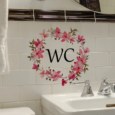 New Pink Floral Ring Wc Door Sticker Bathroom Toilet Background Decorative Sticker Self-adhesive and Removable 3