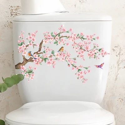 Pink Floral Branches and Birds Bathroom Toilet Seat Cover Decorative Self-adhesive Toilet Sticker 1