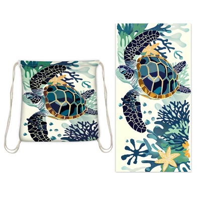 Water-absorbent and Quick-drying Beach Towel, Customized Bath Towel and Beach Bag, Integrated Printed Drawstring, Portable Beach Backpack (coral Turtle) 4