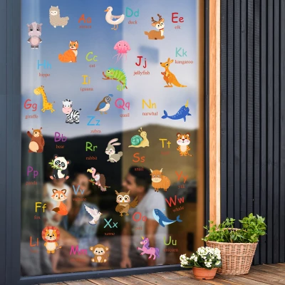 Large Preschool Animal Names English Letters Preschool Glass Stickers Children's Room Kindergarten Decorative Wall Stickers 2