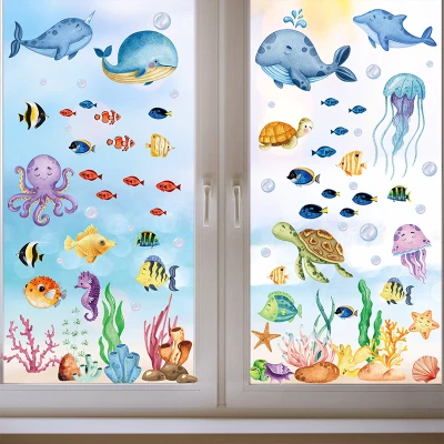 Set of 9PCS Sea World Cartoon Stickers Living Room Bedroom Children's Room Decoration Stickers Moisture-proof Wall Stickers 1