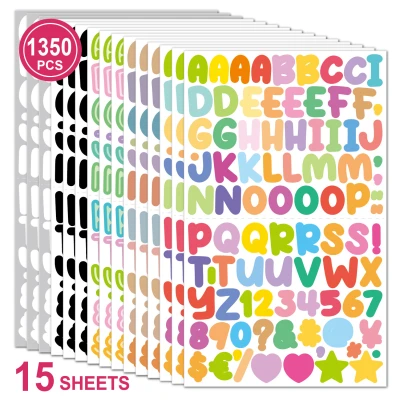 0.5'' Cartoon Letter Sticker Set 15 Sheets 1350 Pieces Handbook Material Decoration Guka Letter Sticker